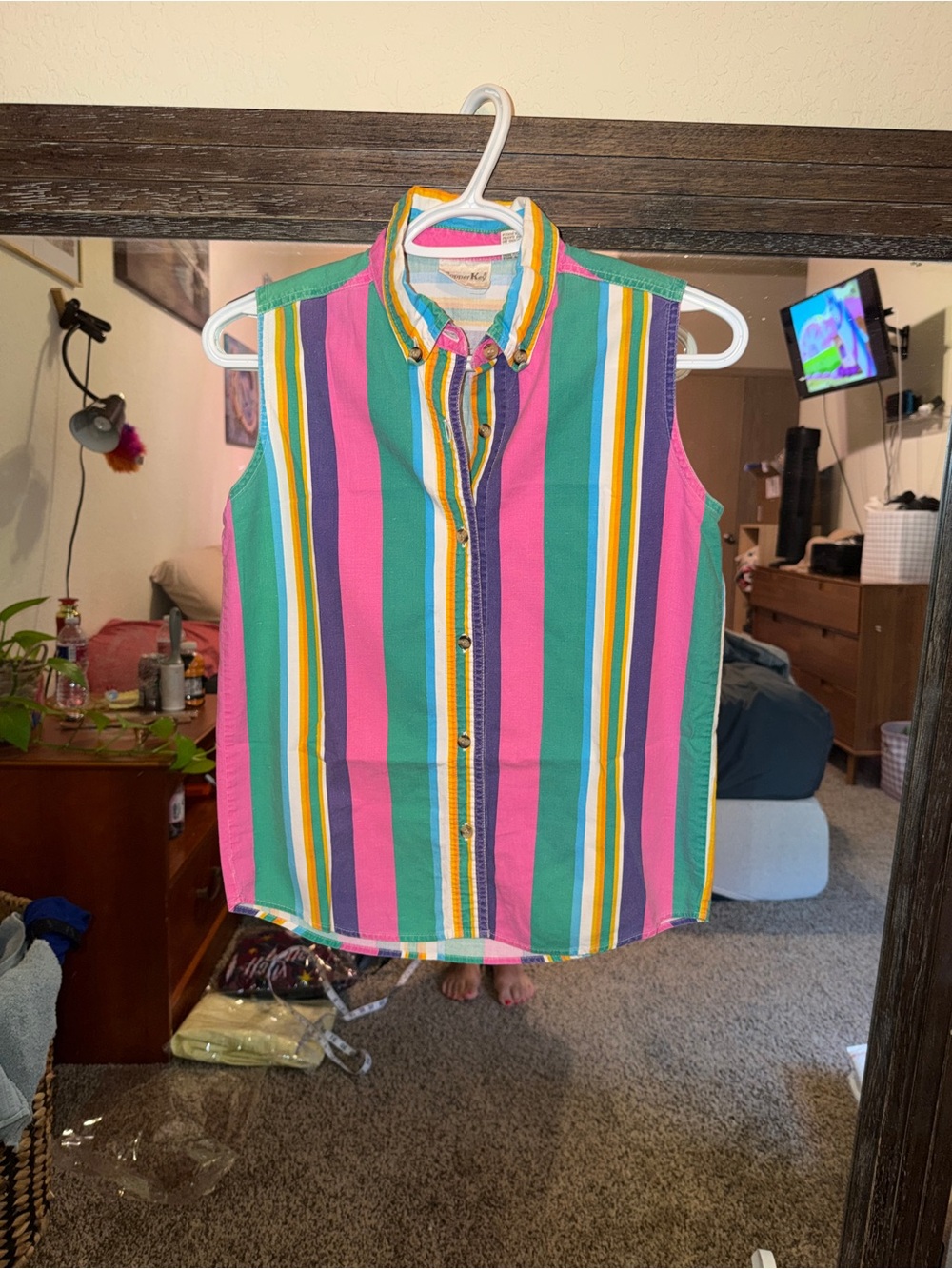 Copper Key Pink, Teal, Purple & Yellow Striped Sleeveless Button-Down